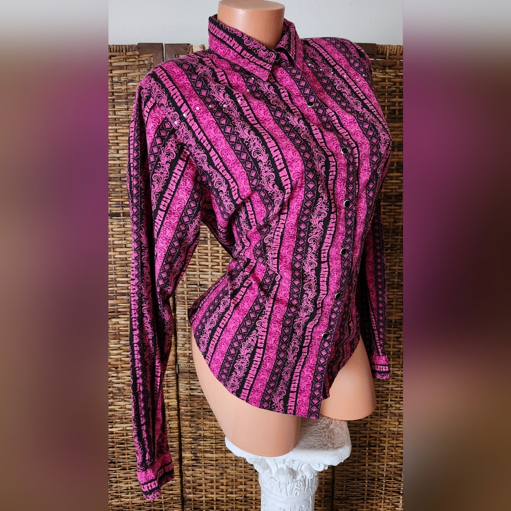 Black Pink "Wanted" Cowgirl Country  Western Line Dance Button Up Top Shirt Sz L